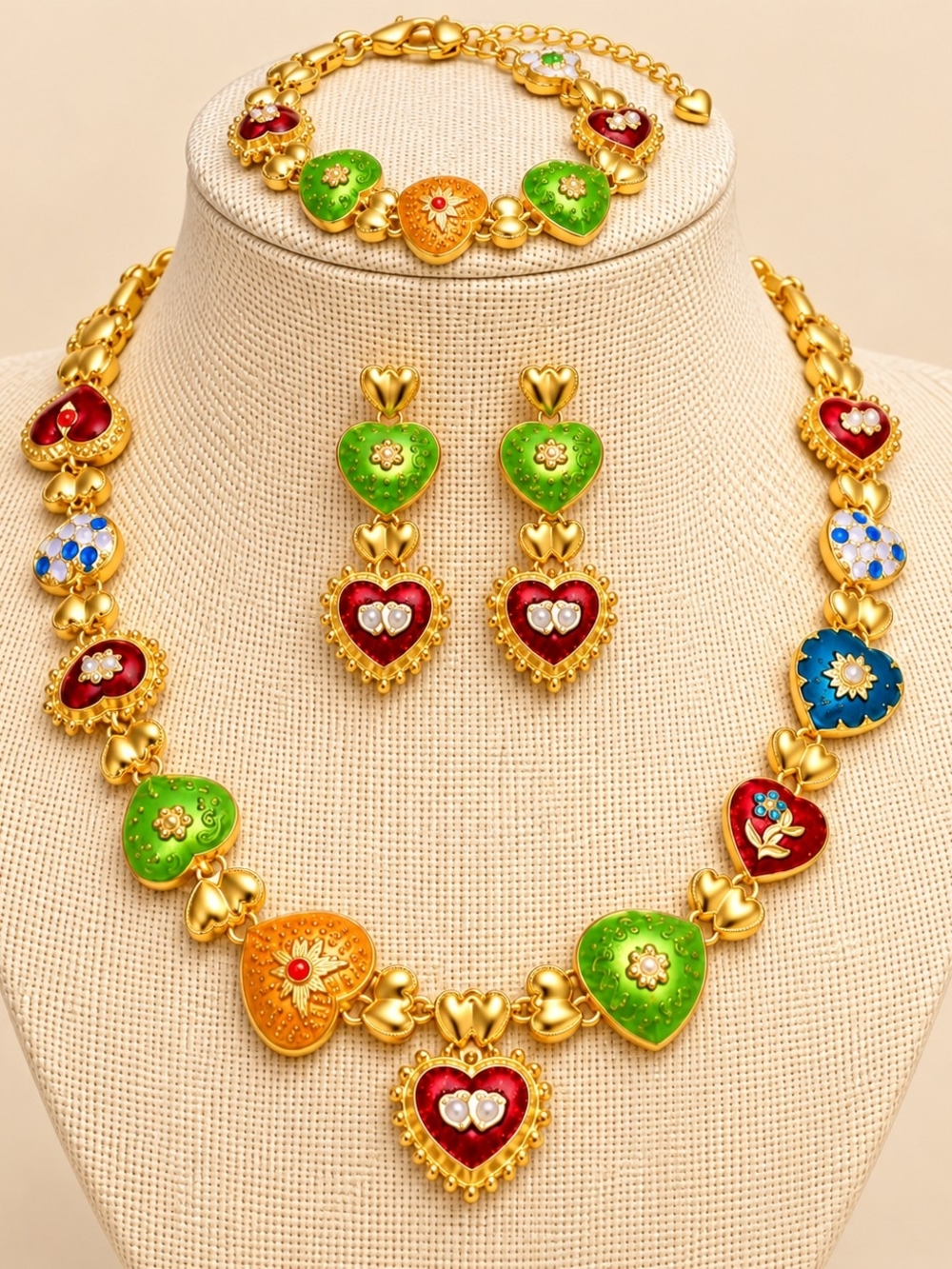 Gold Plated Multicolor Heart Pendant Necklace & Earring Set